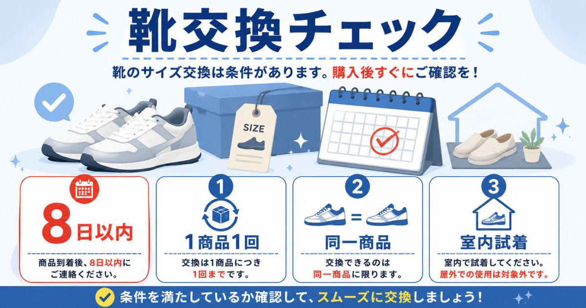楽天Fashionの靴の無料交換で8日以内・1商品1回・同一商品・室内試着を確認する画像