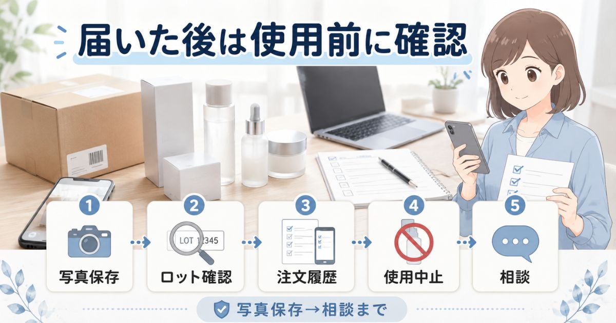 コスメデネットで届いた商品に違和感があるときに写真保存・ロット確認・注文履歴保存・使用中止・相談を行う流れの画像