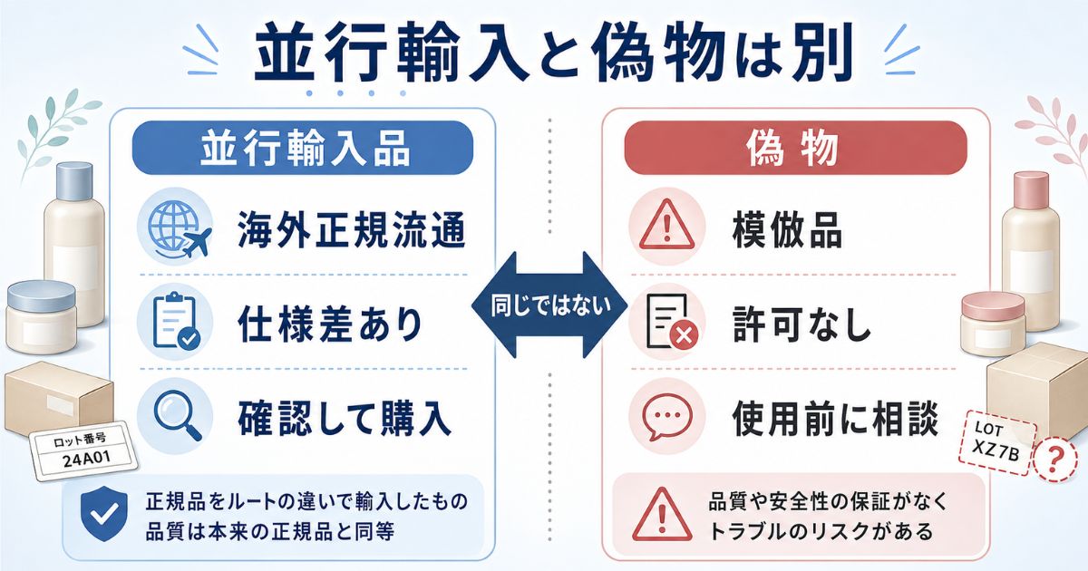 並行輸入品と偽物は別であり仕様差だけで断定しないことを示す比較画像