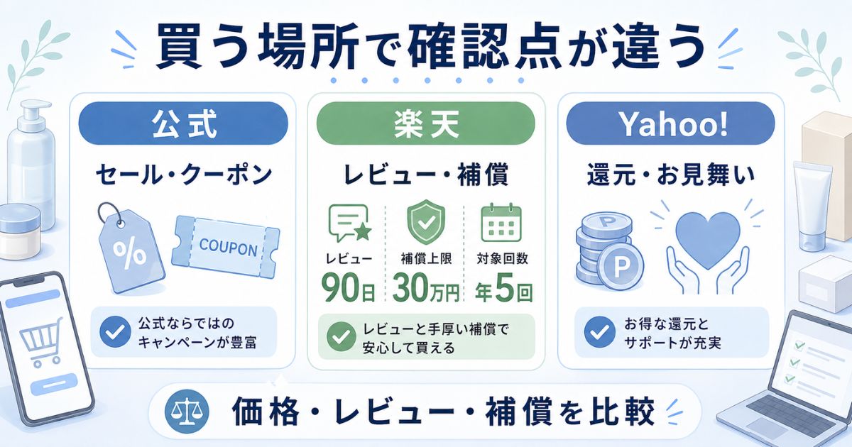 公式サイト・楽天・Yahoo!で価格・レビュー・補償の確認点が違うことを示す画像